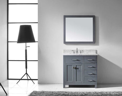 Virtu USA Caroline Parkway 36 Single Bathroom Vanity Set in Grey w/ Italian Carrara White Marble Counter-Top | Square Basin