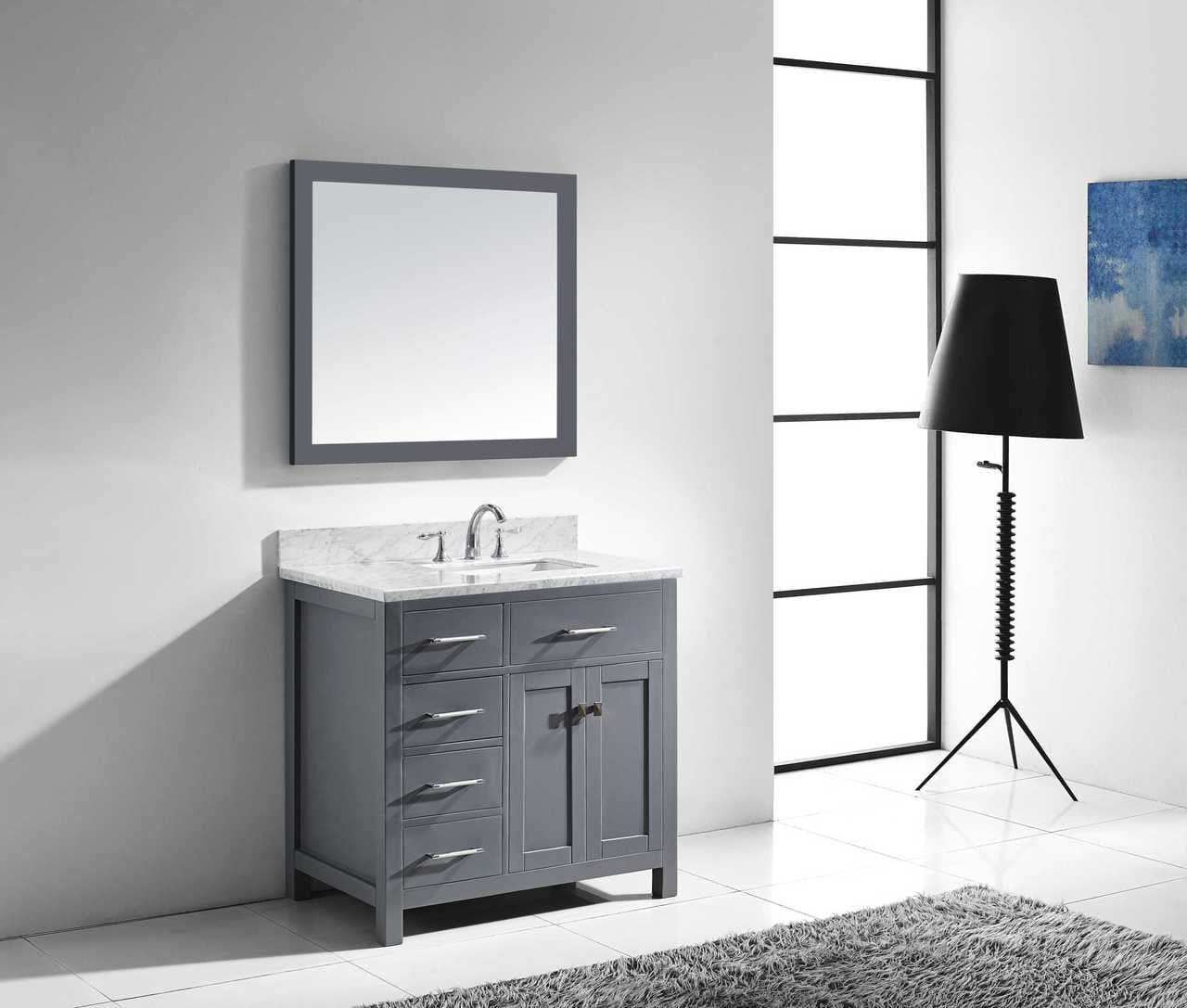Virtu USA Caroline Parkway 36 Single Bathroom Vanity Set in Grey w/ Italian Carrara White Marble Counter-Top | Square Basin - Leftside Drawer