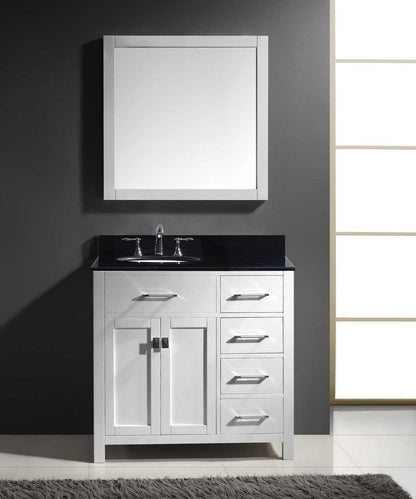 Virtu USA Caroline Parkway 36 Single Bathroom Vanity Set in White w/ Black Galaxy Granite Counter-Top | Round Basin - Rightside Drawer