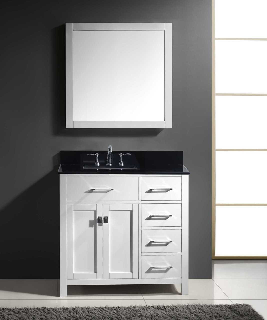 Virtu USA Caroline Parkway 36 Single Bathroom Vanity Set in White w/ Black Galaxy Granite Counter-Top | Round Basin - Rightside Drawer