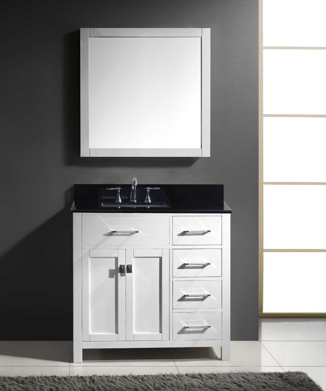 Virtu USA Caroline Parkway 36 Single Bathroom Vanity Set in White w/ Black Galaxy Granite Counter-Top | Square Basin - Rightside Drawer