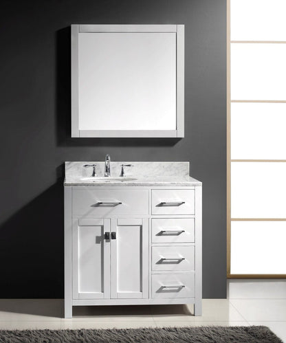 Virtu USA Caroline Parkway 36 Single Bathroom Vanity Set in White w/ Italian Carrara White Marble Counter-Top | Round Basin