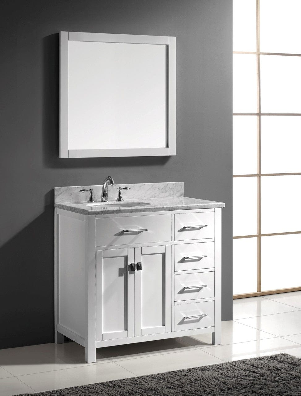 Virtu USA Caroline Parkway 36 Single Bathroom Vanity Set in White w/ Italian Carrara White Marble Counter-Top | Round Basin