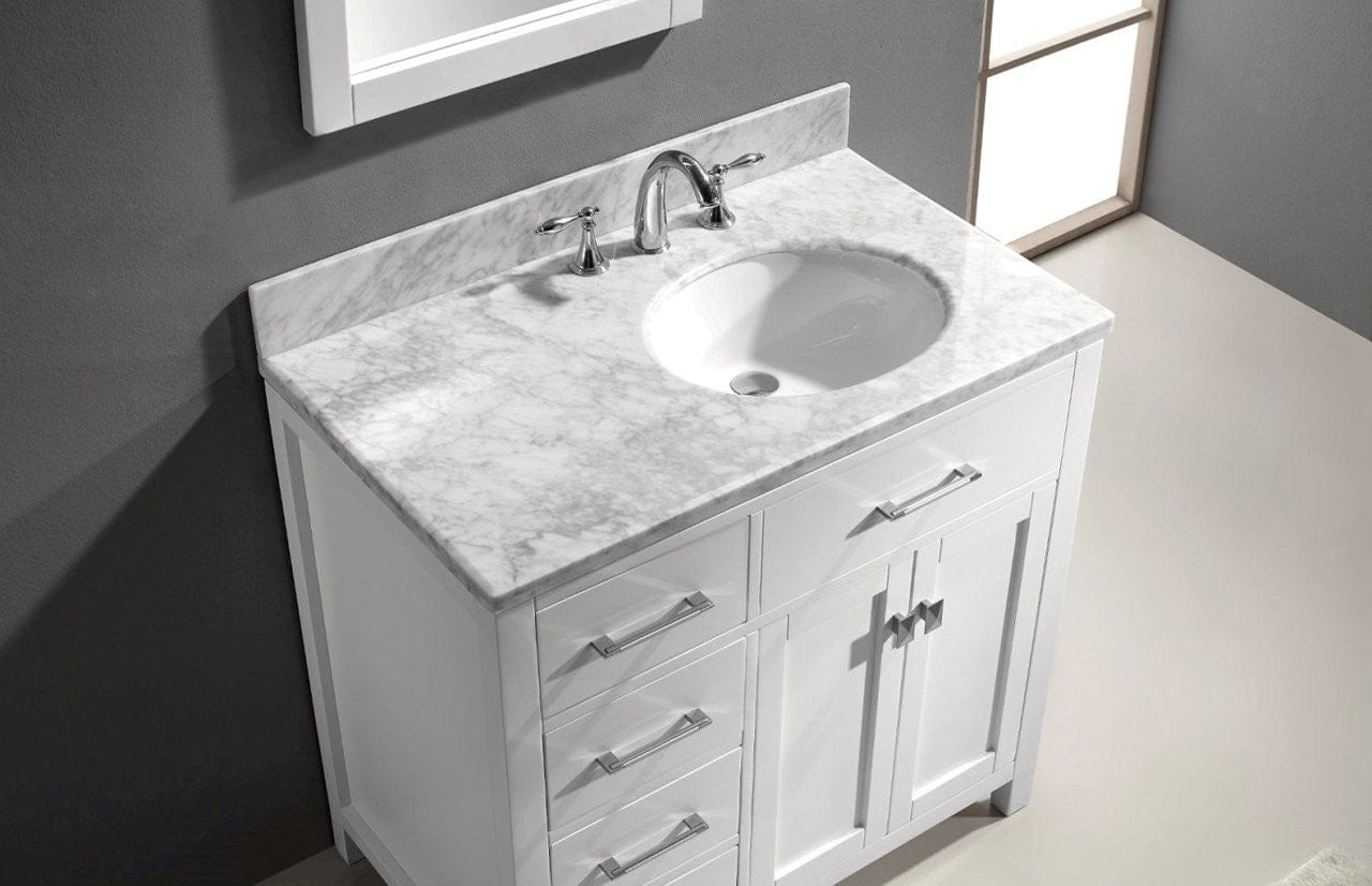Virtu USA Caroline Parkway 36 Single Bathroom Vanity Set in White w/ Italian Carrara White Marble Counter-Top | Round Basin - Leftside Drawer