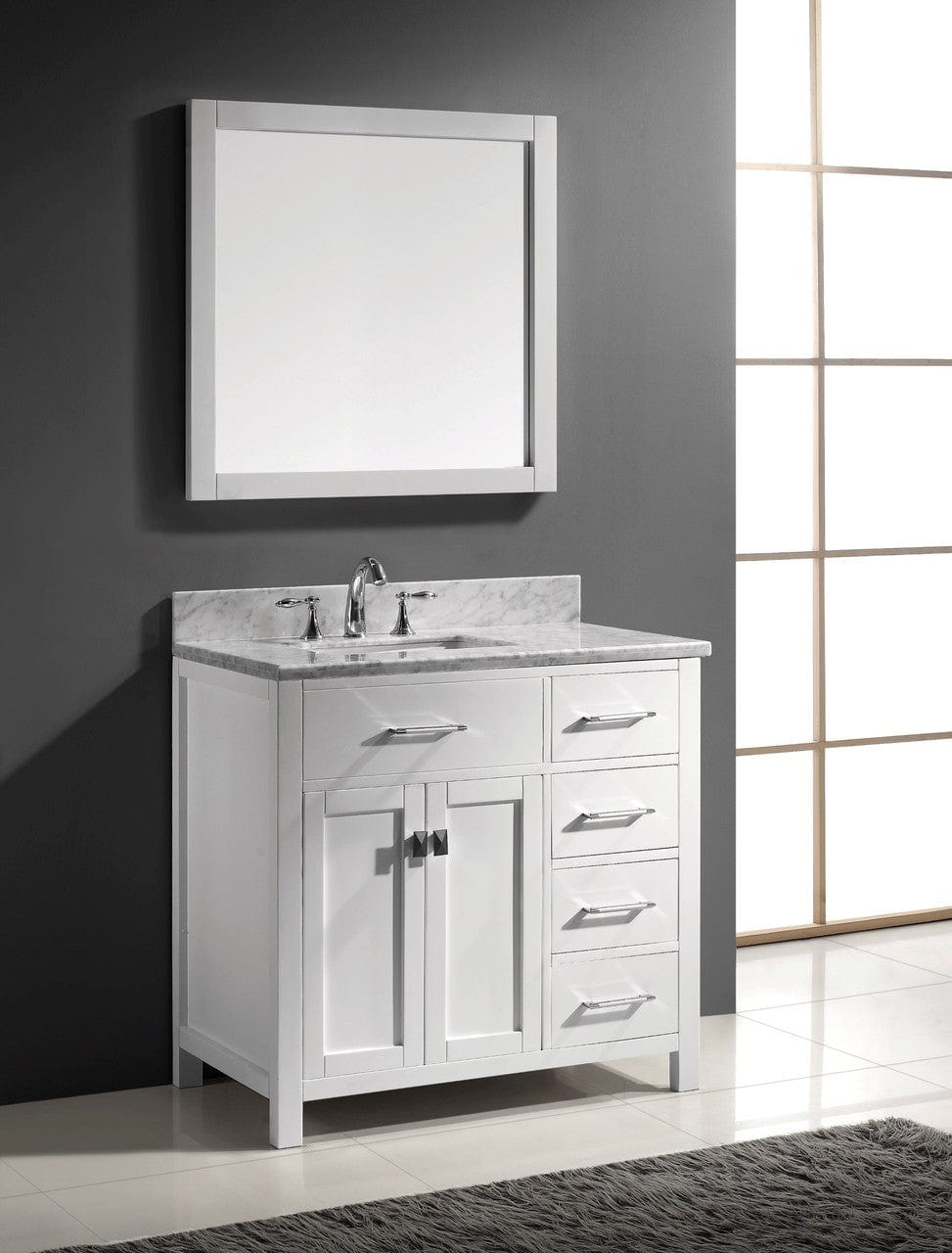 Virtu USA Caroline Parkway 36 Single Bathroom Vanity Set in White w/ Italian Carrara White Marble Counter-Top | Square Basin