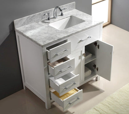 Virtu USA Caroline Parkway 36 Single Bathroom Vanity Set in White w/ Italian Carrara White Marble Counter-Top | Square Basin - Leftside Drawer