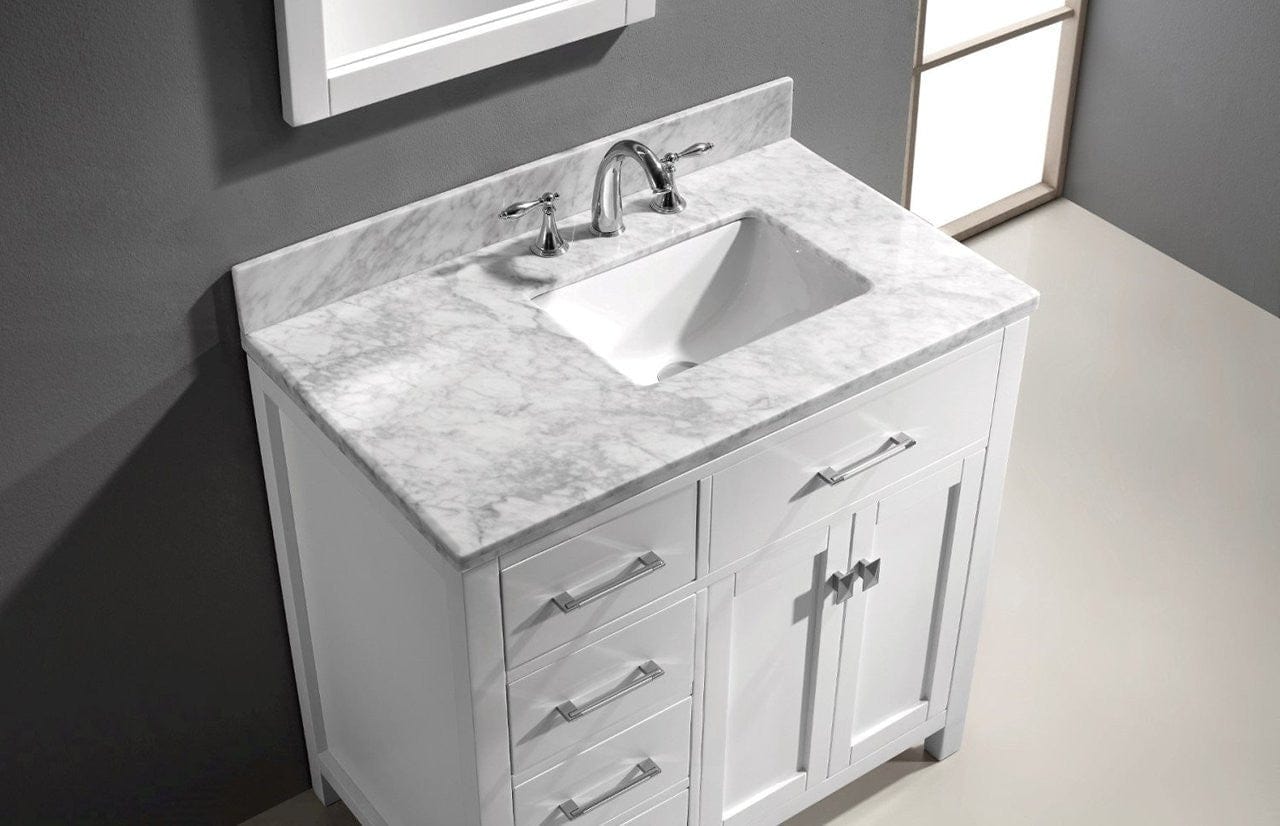 Virtu USA Caroline Parkway 36 Single Bathroom Vanity Set in White w/ Italian Carrara White Marble Counter-Top | Square Basin - Leftside Drawer