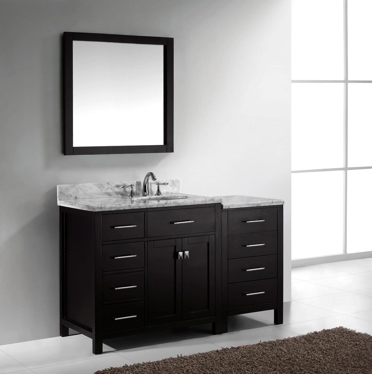 Virtu USA Caroline Parkway 57 Single Bathroom Vanity Set in Espresso w/ Italian Carrara White Marble Counter-Top | Round Basin - Leftside Drawer