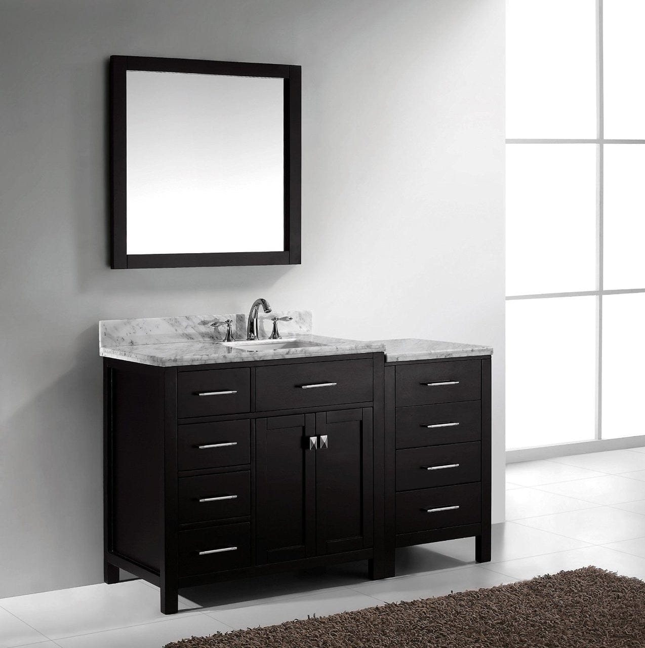 Virtu USA Caroline Parkway 57 Single Bathroom Vanity Set in Espresso w/ Italian Carrara White Marble Counter-Top | Square Basin - Leftside Drawer