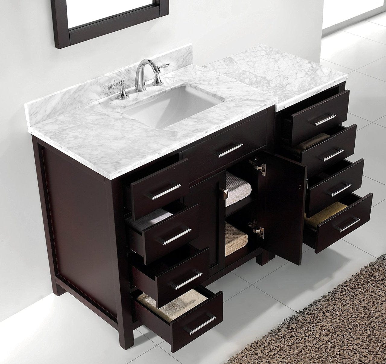 Virtu USA Caroline Parkway 57 Single Bathroom Vanity Set in Espresso w/ Italian Carrara White Marble Counter-Top | Square Basin - Leftside Drawer