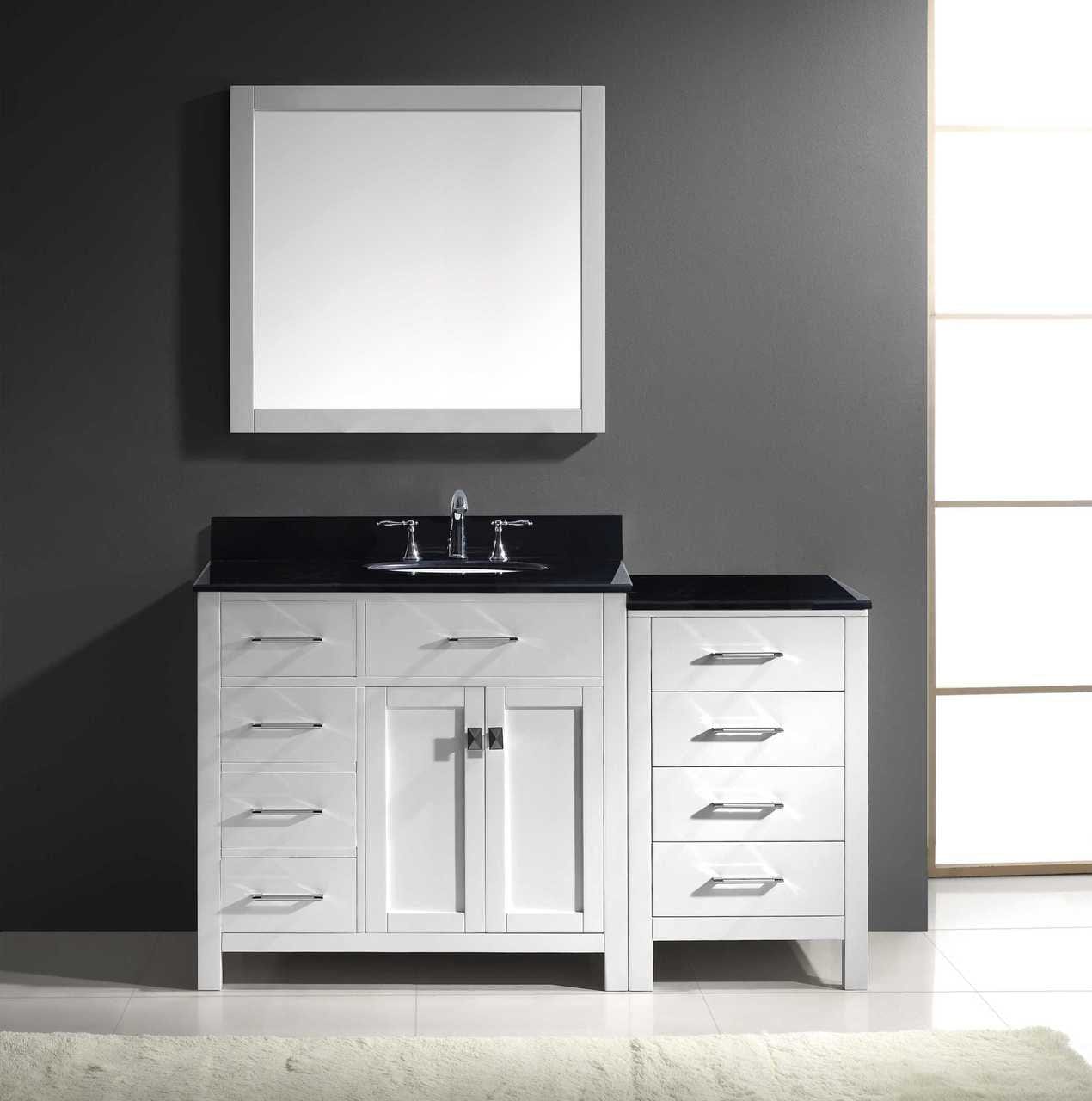 Virtu USA Caroline Parkway 57 Single Bathroom Vanity Set in White w/ Black Galaxy Granite Counter-Top | Round Basin - Leftside Drawer