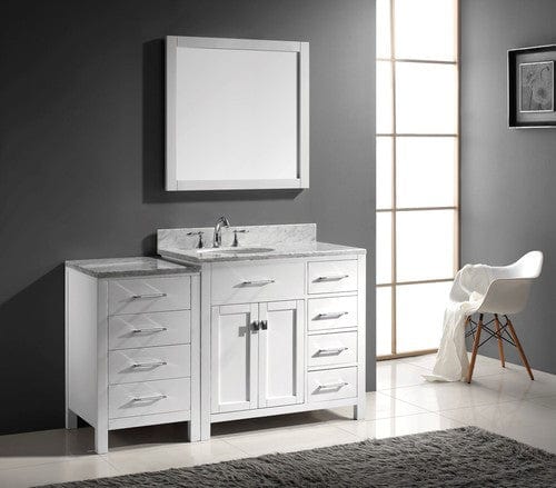 Virtu USA Caroline Parkway 57" Single Bathroom Vanity Cabinet Set in White w/ Italian Carrara White Marble Counter-Top, Round Basin