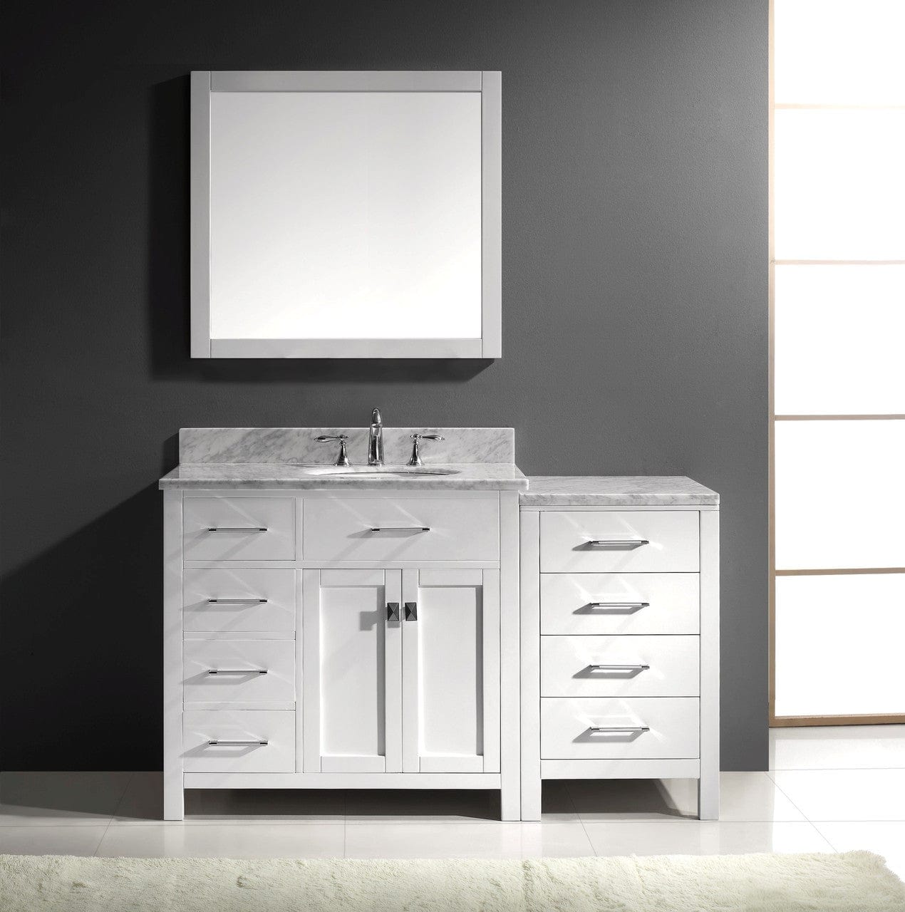 Virtu USA Caroline Parkway 57 Single Bathroom Vanity Set in White w/ Italian Carrara White Marble Counter-Top | Round Basin - Leftside Drawer