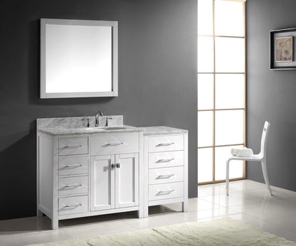 Virtu USA Caroline Parkway 57 Single Bathroom Vanity Set in White w/ Italian Carrara White Marble Counter-Top | Round Basin - Leftside Drawer