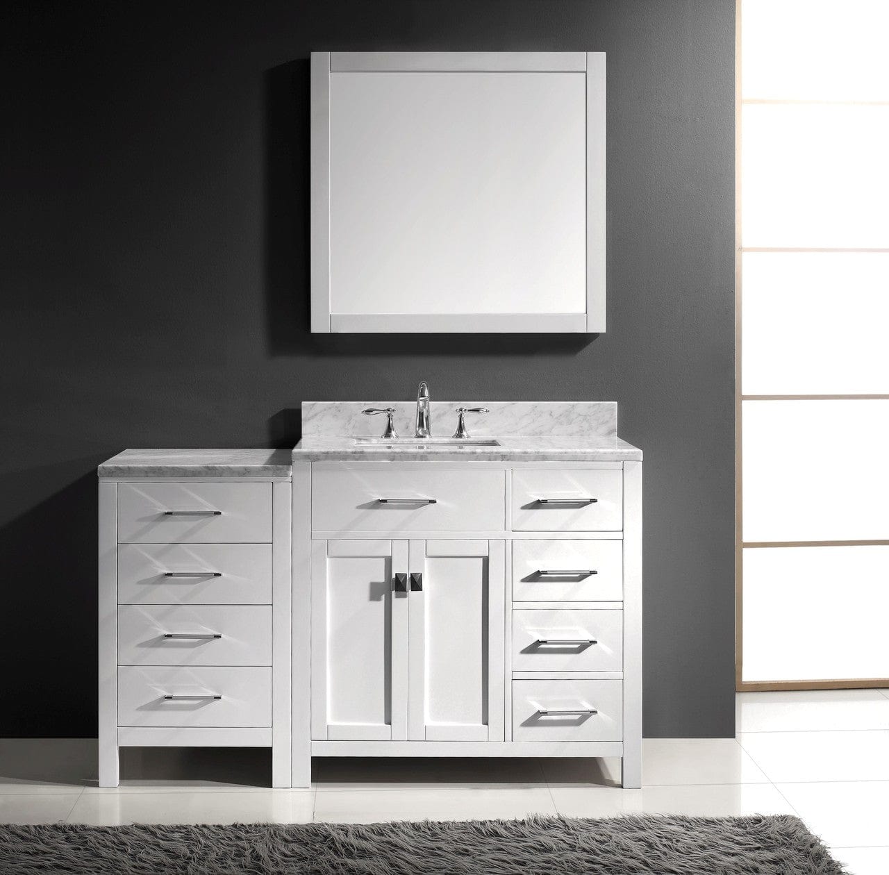 Virtu USA Caroline Parkway 57 Single Bathroom Vanity Set in White w/ Italian Carrara White Marble Counter-Top | Square Basin