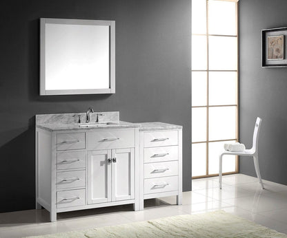 Virtu USA Caroline Parkway 57 Single Bathroom Vanity Set in White w/ Italian Carrara White Marble Counter-Top | Square Basin - Leftside Drawer