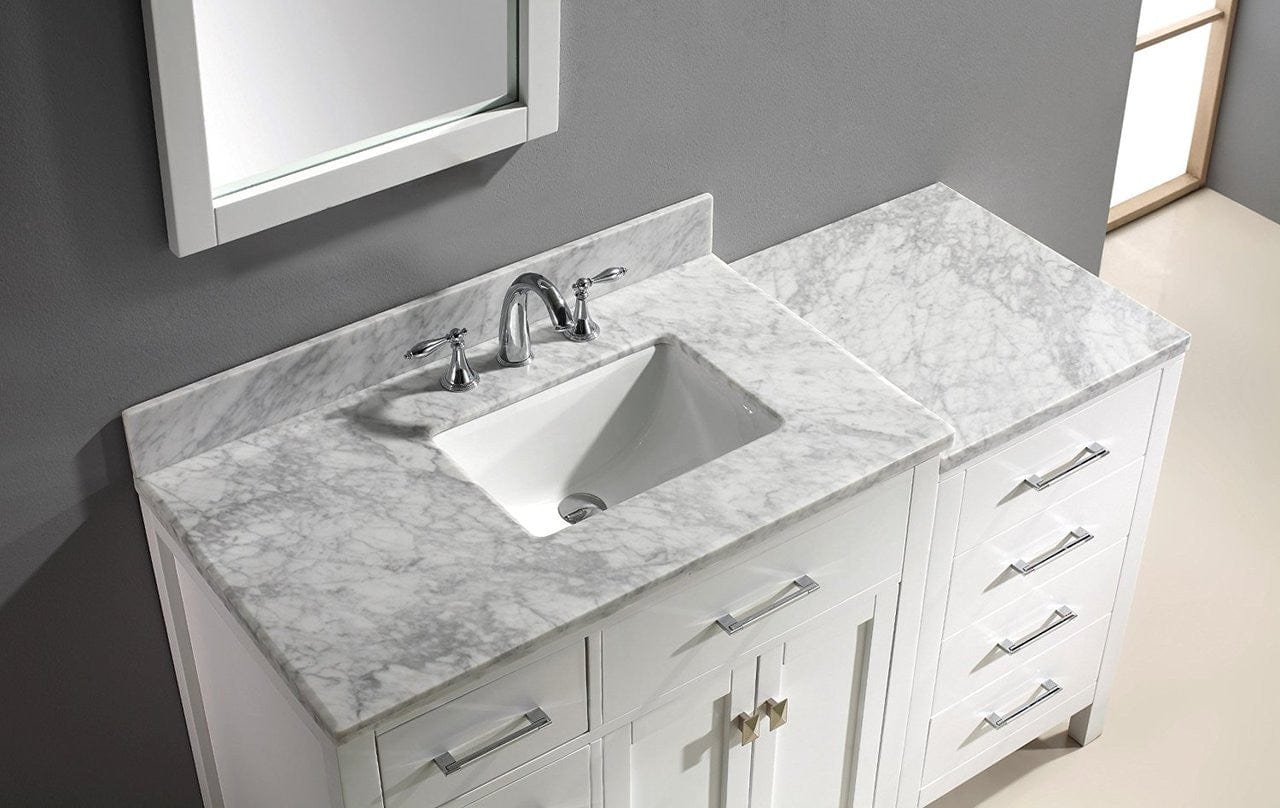 Virtu USA Caroline Parkway 57 Single Bathroom Vanity Set in White w/ Italian Carrara White Marble Counter-Top | Square Basin - Leftside Drawer