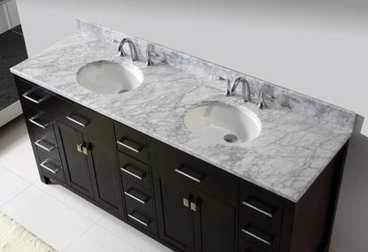 Virtu USA Caroline Parkway 72 Double Bathroom Vanity Set in Espresso w/ Italian Carrara White Marble Counter-Top |Ê Round Basin