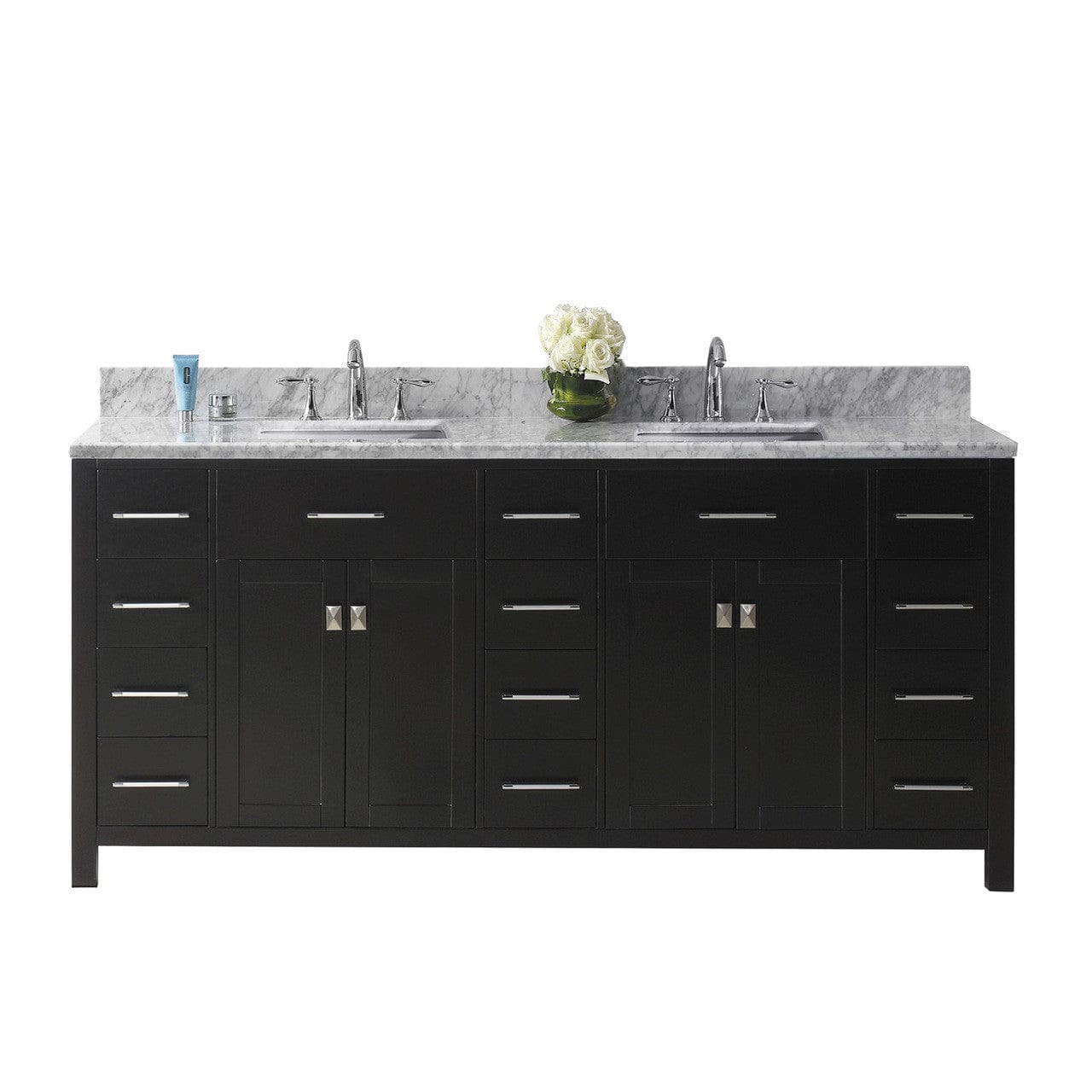 Virtu USA Caroline Parkway 72 Double Bathroom Vanity Set in Espresso w/ Italian Carrara White Marble Counter-Top | Square Basin