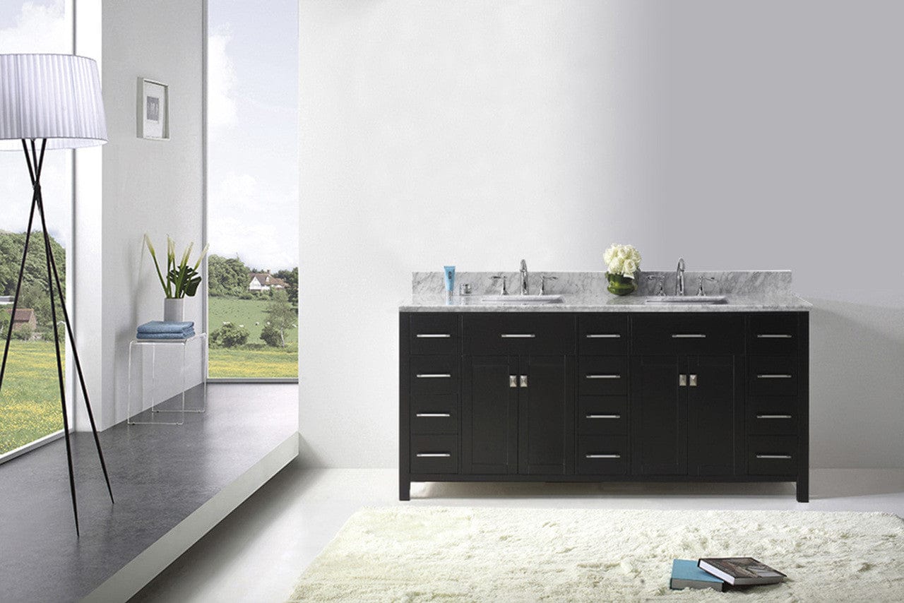 Virtu USA Caroline Parkway 72 Double Bathroom Vanity Set in Espresso w/ Italian Carrara White Marble Counter-Top | Square Basin