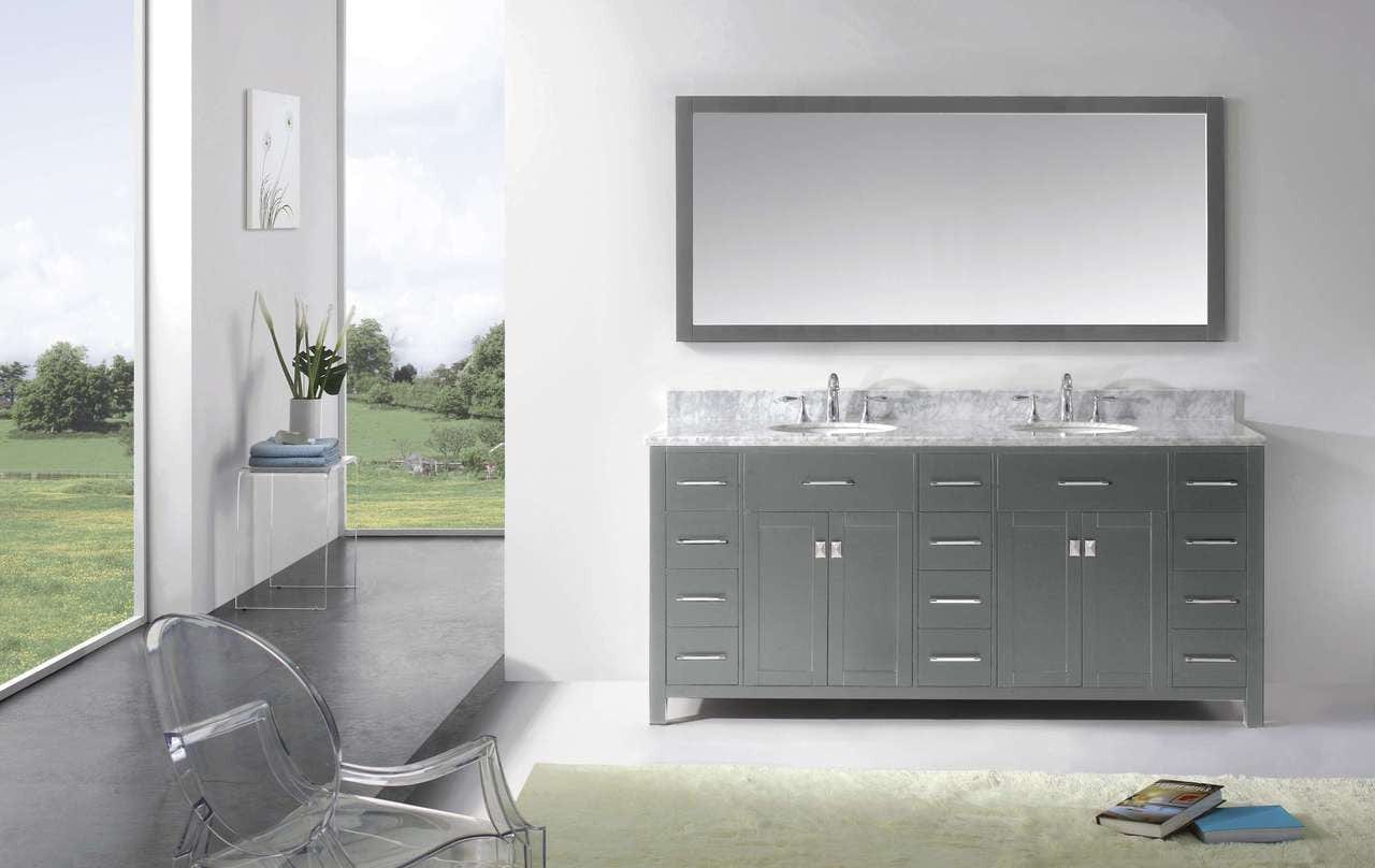 Virtu USA Caroline Parkway 72 Double Bathroom Vanity Set in Grey w/ Italian Carrara White Marble Counter-Top | Round Basin