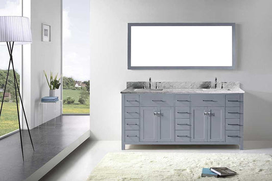 Virtu USA Caroline Parkway 72 Double Bathroom Vanity Set in Grey w/ Italian Carrara White Marble Counter-Top | Square Basin