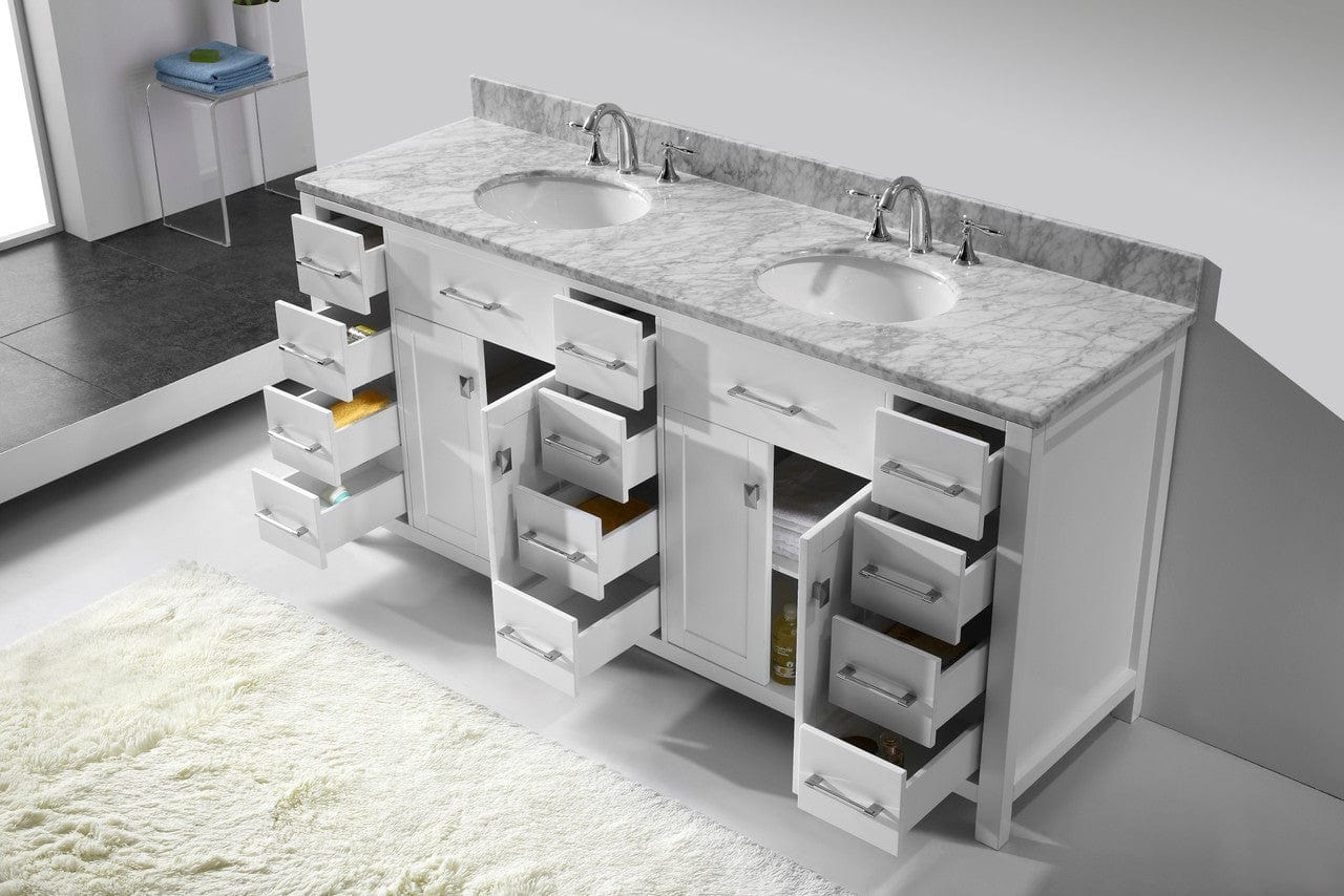 Virtu USA Caroline Parkway 72 Double Bathroom Vanity Set in White w/ Italian Carrara White Marble Counter-Top |Ê Round Basin