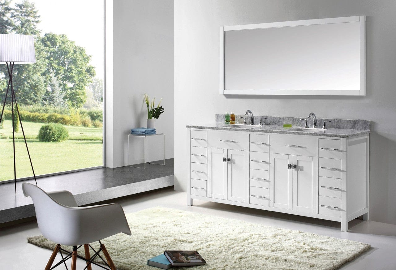 Virtu USA Caroline Parkway 72 Double Bathroom Vanity Set in White w/ Italian Carrara White Marble Counter-Top | Square Basin