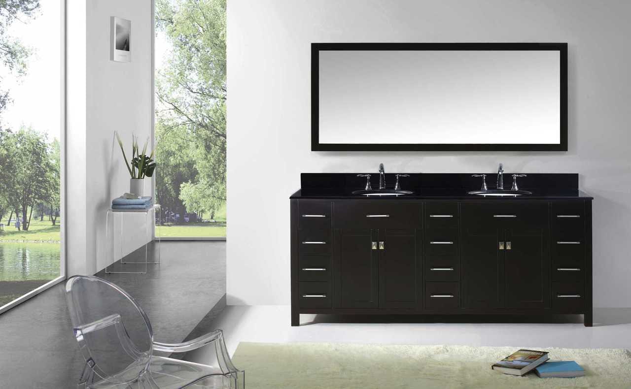 Virtu USA Caroline Parkway 78 Double Bathroom Vanity Set in Espresso w/ Black Galaxy Granite Counter-Top | Round Basin