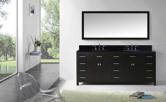 Virtu USA Caroline Parkway 78 Double Bathroom Vanity Set in Espresso w/ Black Galaxy Granite Counter-Top | Square Basin