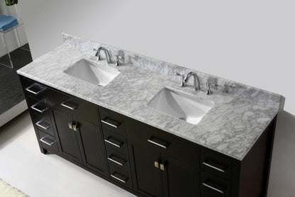 Virtu USA Caroline Parkway 78 Double Bathroom Vanity Set in Espresso w/ Italian Carrara White Marble Counter-Top| Square Basin