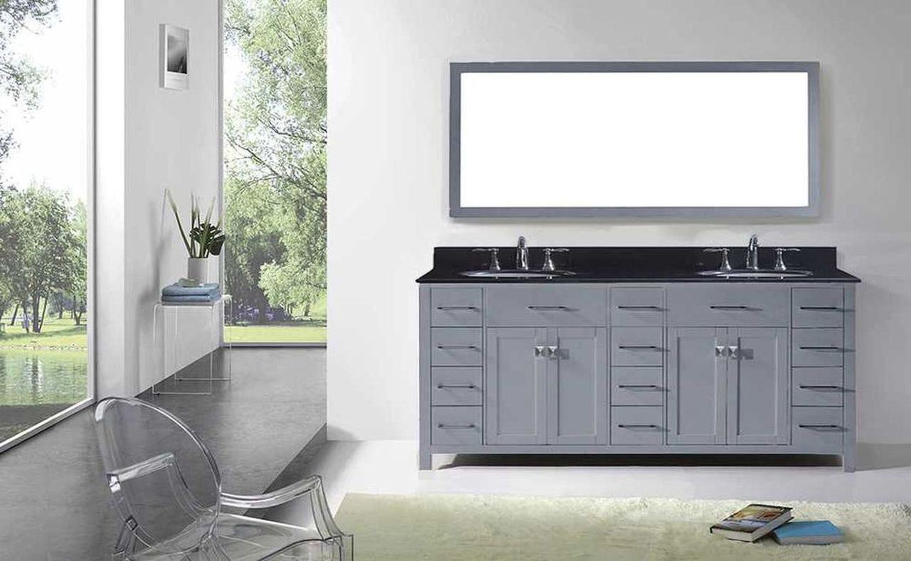 Virtu USA Caroline Parkway 78 Double Bathroom Vanity Set in Grey w/ Black Galaxy Granite Counter-Top | Round Basin