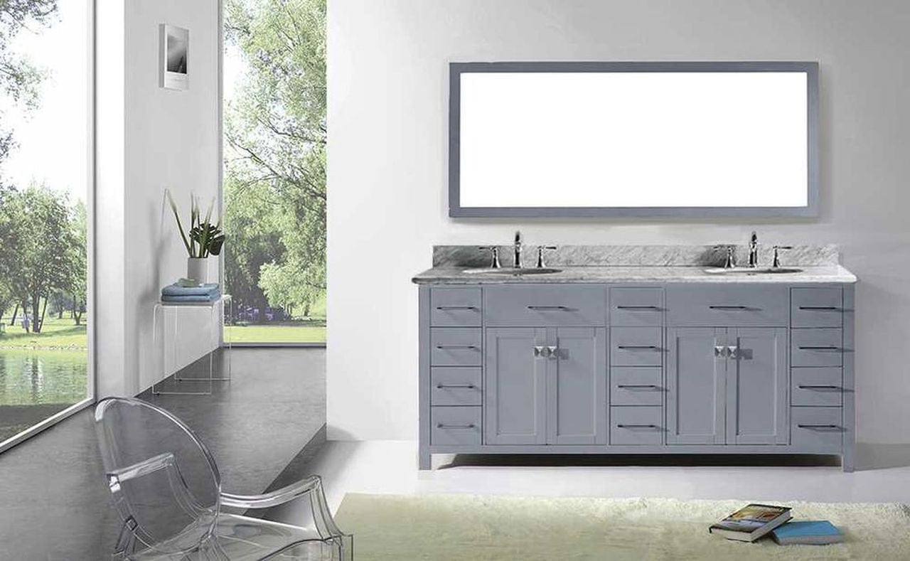 Virtu USA Caroline Parkway 78 Double Bathroom Vanity Set in Grey w/ Italian Carrara White Marble Counter-Top | Round Basin