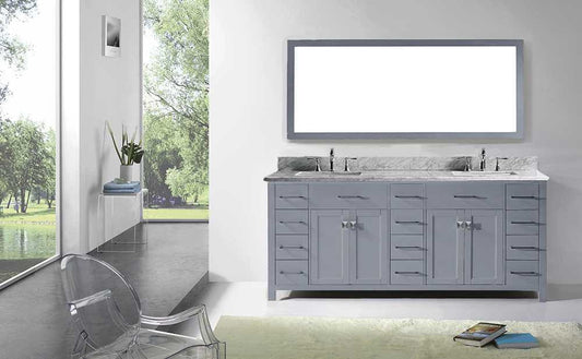 Virtu USA Caroline Parkway 78 Double Bathroom Vanity Set in Grey w/ Italian Carrara White Marble Counter-Top | Square Basin