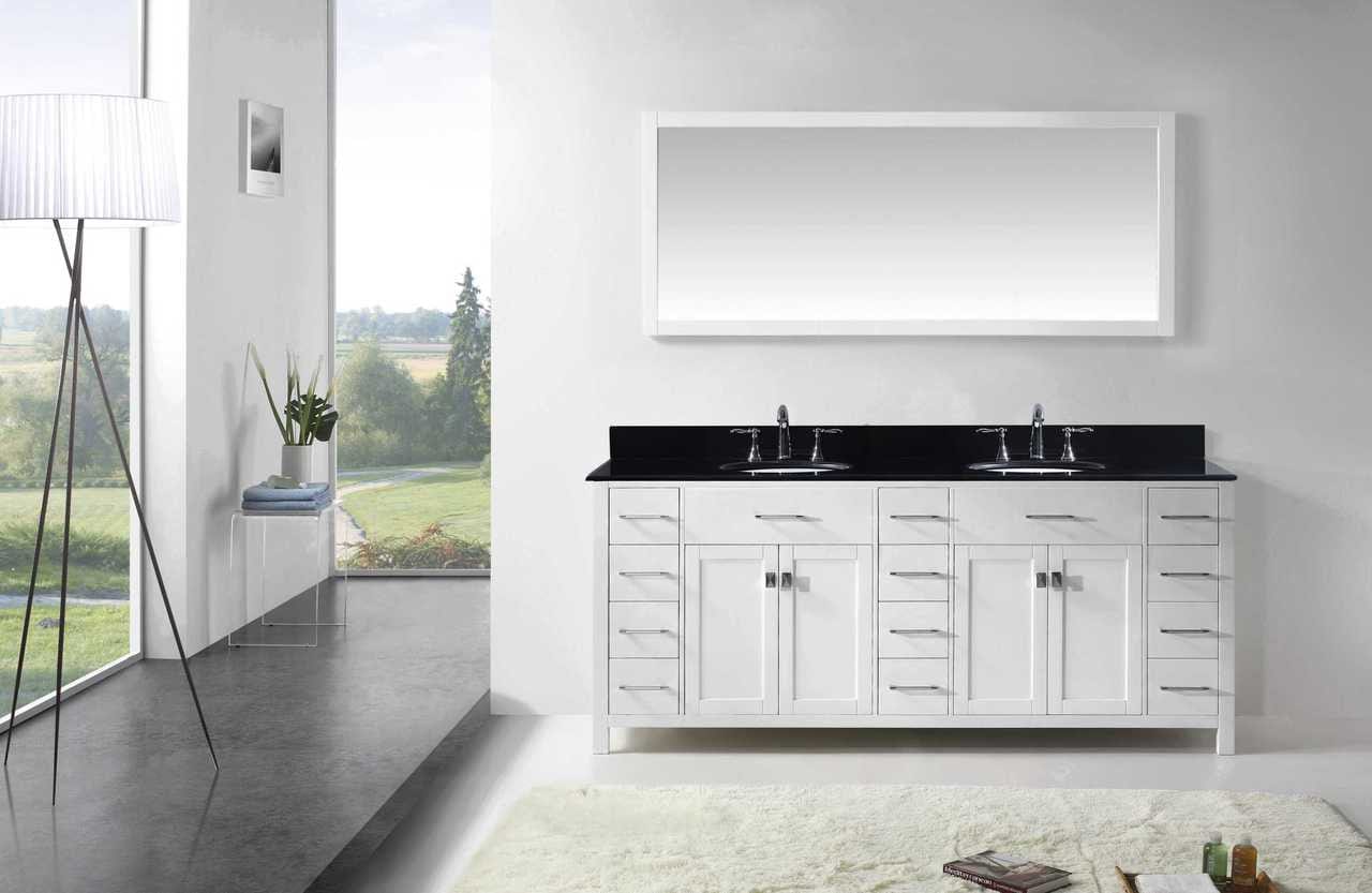 Virtu USA Caroline Parkway 78 Double Bathroom Vanity Set in White w/ Black Galaxy Granite Counter-Top | Round Basin