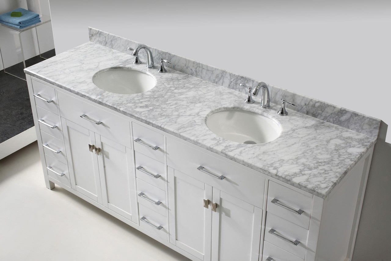 Virtu USA Caroline Parkway 78 Double Bathroom Vanity Set in White w/ Italian Carrara White Marble Counter-Top |Ê Round Basin