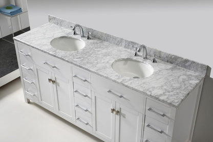 Virtu USA Caroline Parkway 78 Double Bathroom Vanity Set in White w/ Italian Carrara White Marble Counter-Top |Ê Round Basin