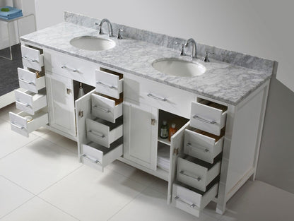 Virtu USA Caroline Parkway 78 Double Bathroom Vanity Set in White w/ Italian Carrara White Marble Counter-Top |Ê Round Basin