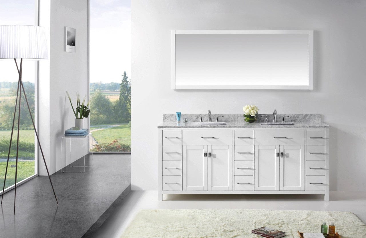 Virtu USA Caroline Parkway 78" Double Bathroom Vanity Cabinet Set in White w/ Italian Carrara White Marble Counter-Top