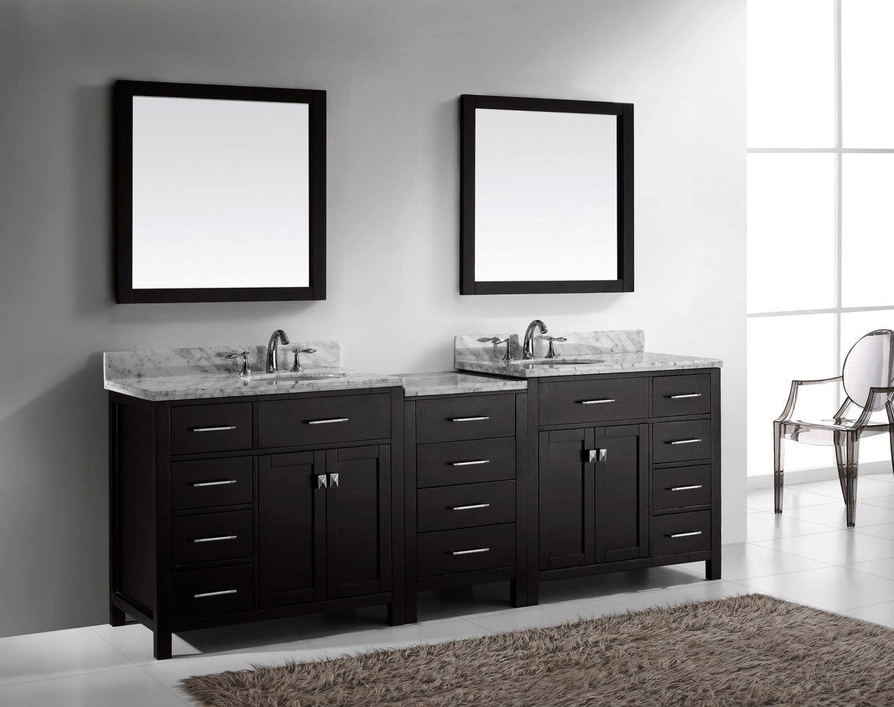 Virtu USA Caroline Parkway 93 Double Bathroom Vanity Set in Espresso w/ Italian Carrara White Marble Counter-Top |Ê Round Basin