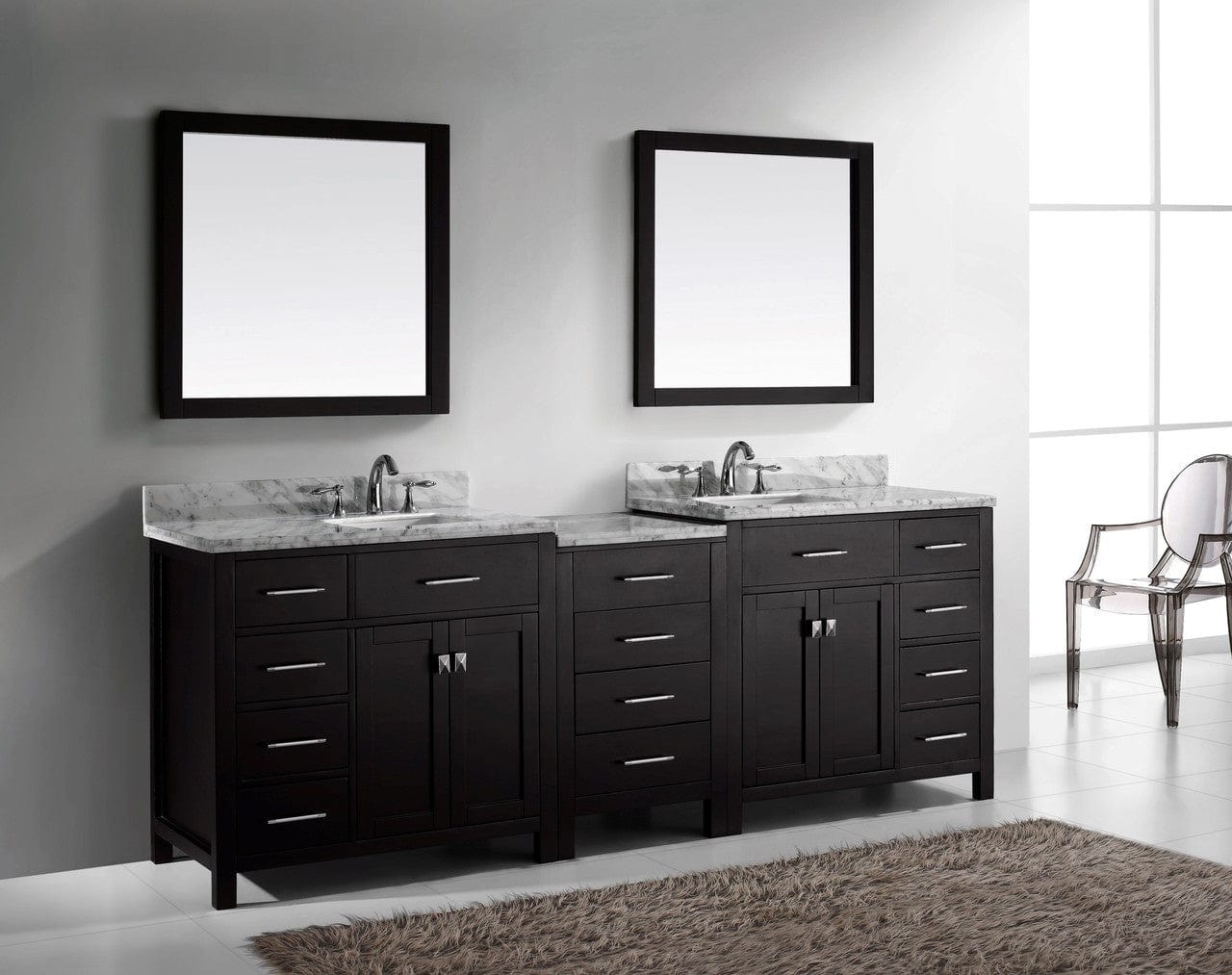 Virtu 93" Double Bathroom Vanity Cabinet Set in Espresso w/ Italian Carrara White Marble Counter-Top