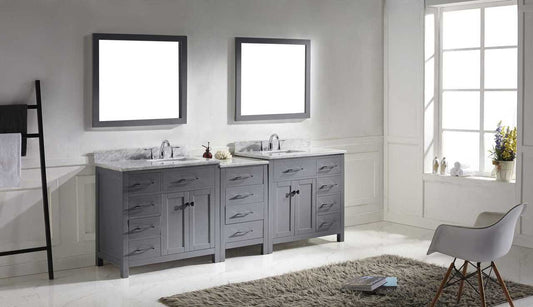 Virtu USA Caroline Parkway 93 Double Bathroom Vanity Set in Grey w/ Italian Carrara White Marble Counter-Top | Square Basin