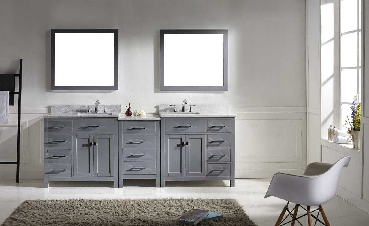 Virtu USA Caroline Parkway 93 Double Bathroom Vanity Set in Grey w/ Italian Carrara White Marble Counter-Top | Square Basin