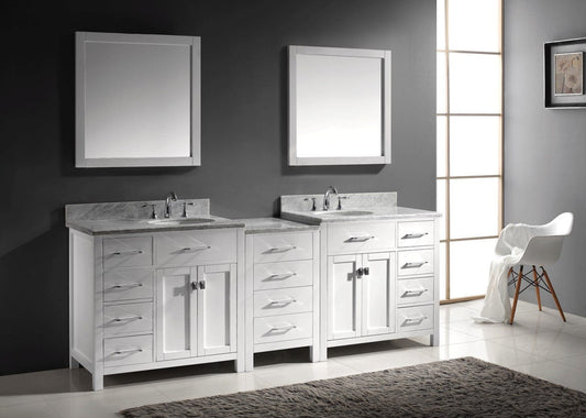 Virtu USA Caroline Parkway 93 Double Bathroom Vanity Set in White w/ Italian Carrara White Marble Counter-Top |Ê Round Basin