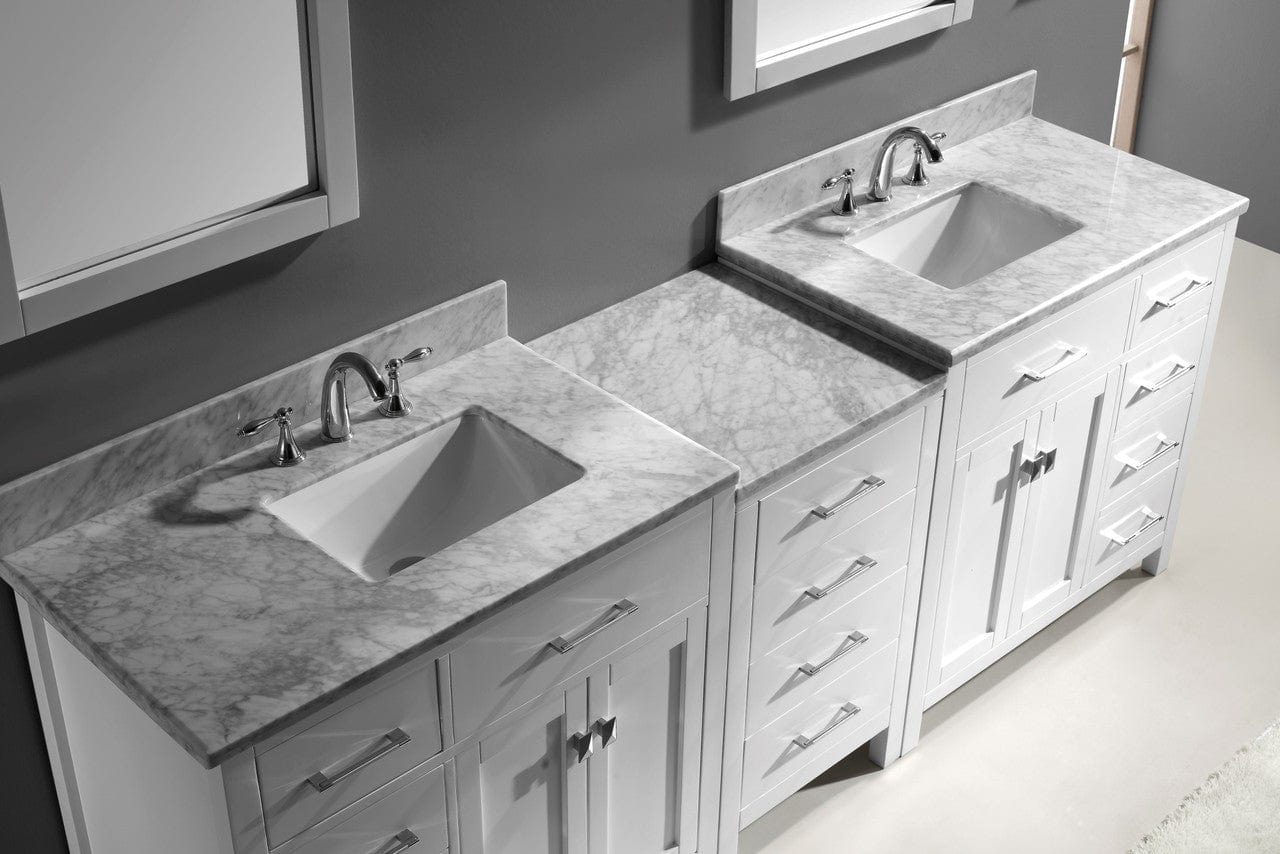 Virtu USA Caroline Parkway 93 Double Bathroom Vanity Set in White w/ Italian Carrara White Marble Counter-Top | Square Basin