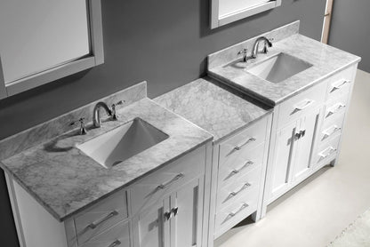 Virtu USA Caroline Parkway 93 Double Bathroom Vanity Set in White w/ Italian Carrara White Marble Counter-Top | Square Basin