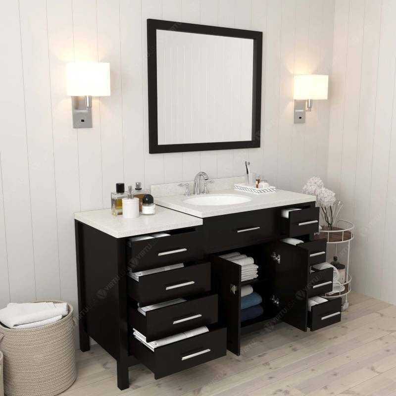 Virtu USA Caroline Parkway Contemporary Espresso 57" Single Round Sink Vanity Set with White Top, Right Offset