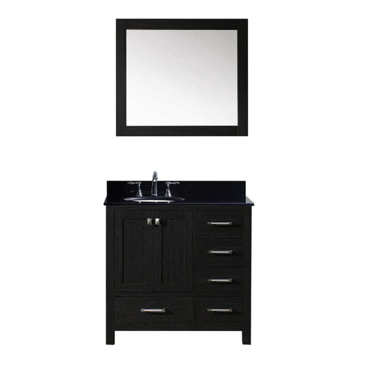 Virtu USA Caroline Premium 36" Single Bathroom Vanity Set in Zebra Grey w/ Black Galaxy Granite CounterTop | Round Basin