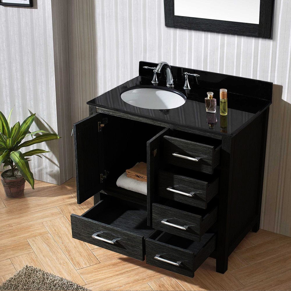 Virtu USA Caroline Premium 36 Single Bathroom Vanity Set in Zebra Grey w/ Black Galaxy Granite CounterTop | Round Basin , Rightside Drawer