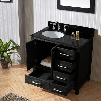 Virtu USA Caroline Premium 36 Single Bathroom Vanity Set in Zebra Grey w/ Black Galaxy Granite CounterTop | Round Basin , Rightside Drawer